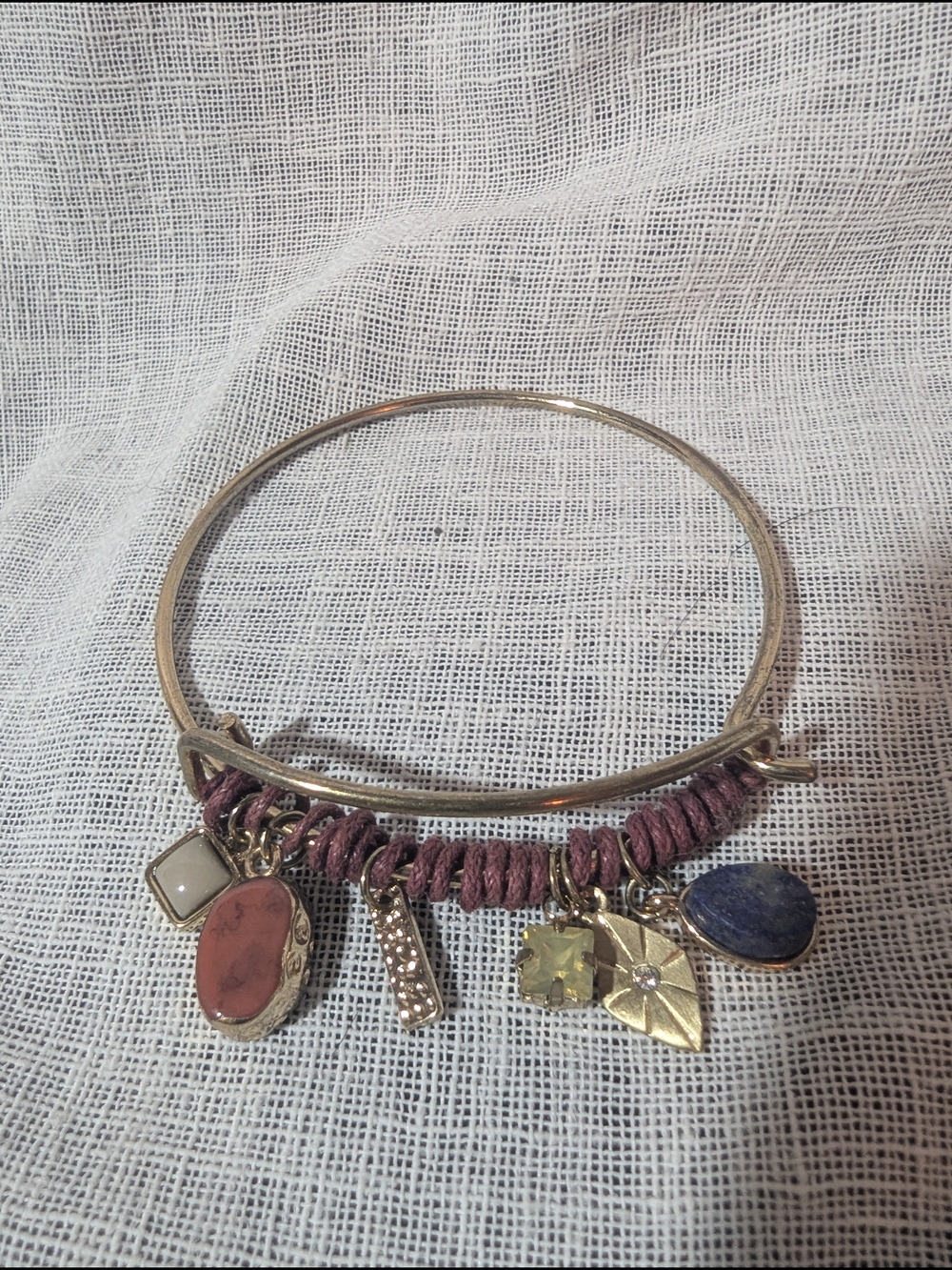 Women’s Gold Charm Bangle Bracelet with Pink Thread and Multicolor Charms